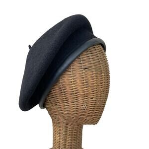 Vintage Black Wool With Leather Trim Beret By Deborah Rhodes
